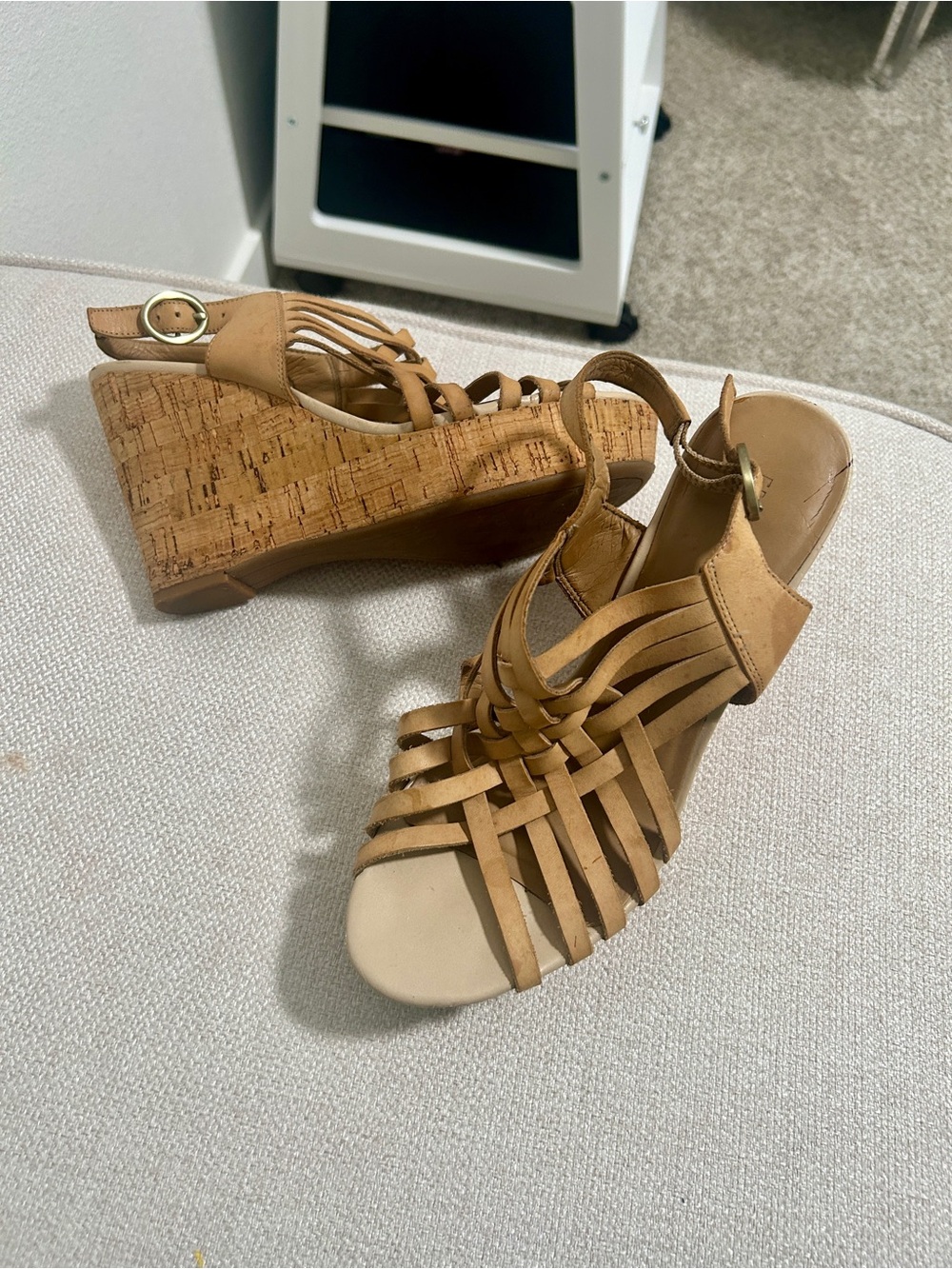 Franco Sarto Women's Tan Cork Wedge Sandals - Strappy Comfortable Summer Heels